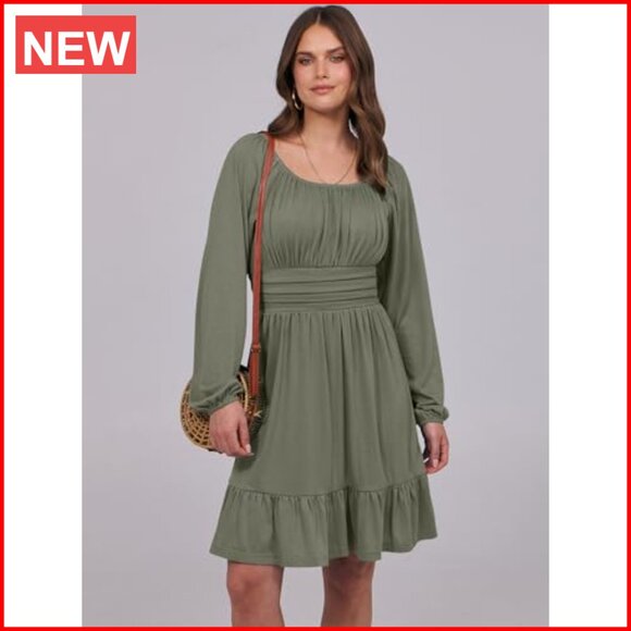 Long Lantern Sleeve Square Neck Elastic Waist Ruffle Flowy Swing A-Line Dress - Picture 3 of 7